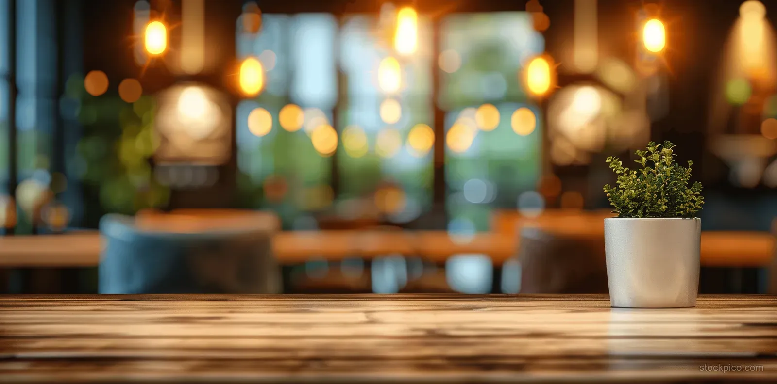 Empty wooden tabletop in a restaurant with a small potted plant and blurred warm lights in the background.