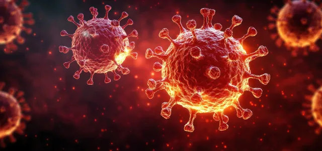 Red glowing coronavirus particles with spike shapes float in a dark background with scattered light.