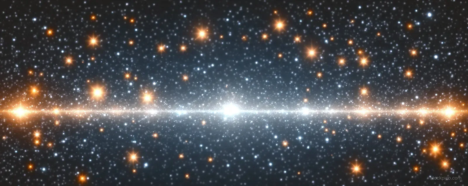 A glowing band of twinkling stars spans a dark night sky with orange sparkles and a bright central haze.