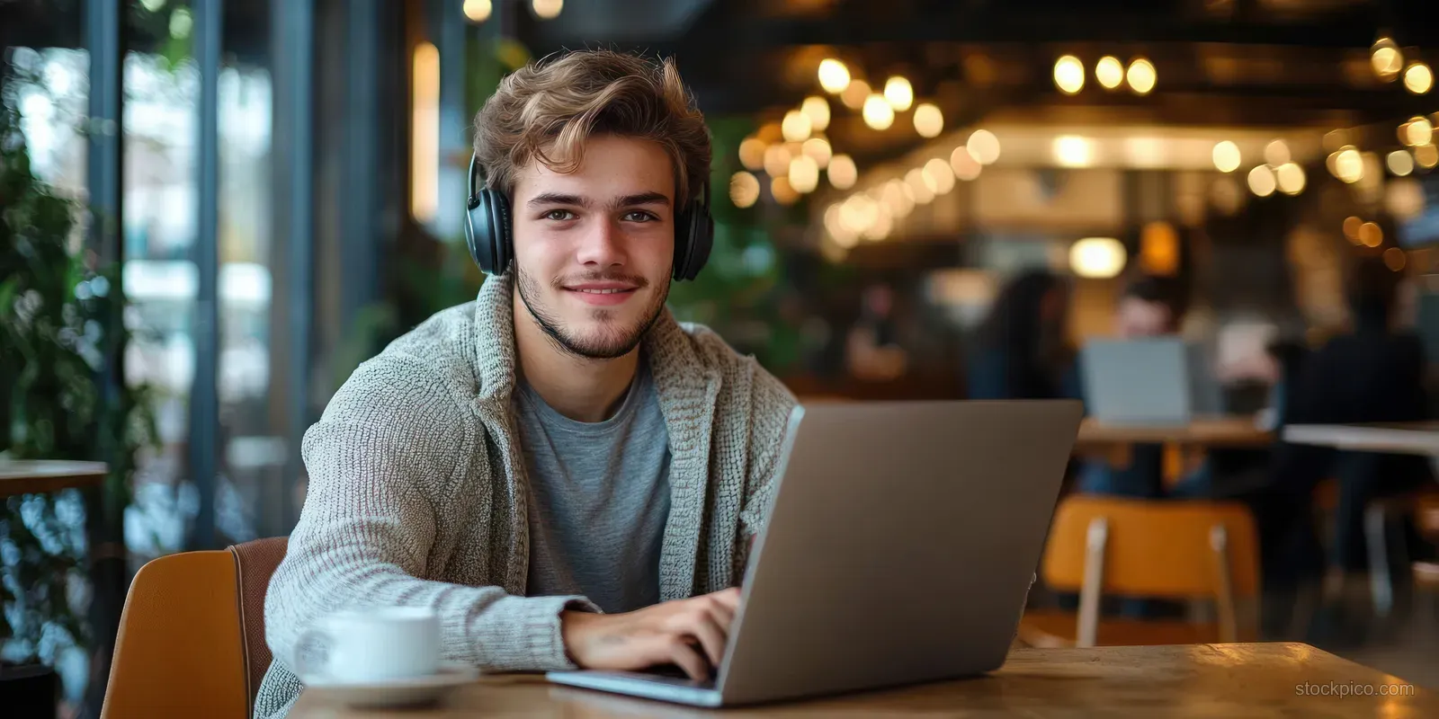 Smiling young businessman uses a laptop with wireless headphones at a café table while warm lights blur behind him.