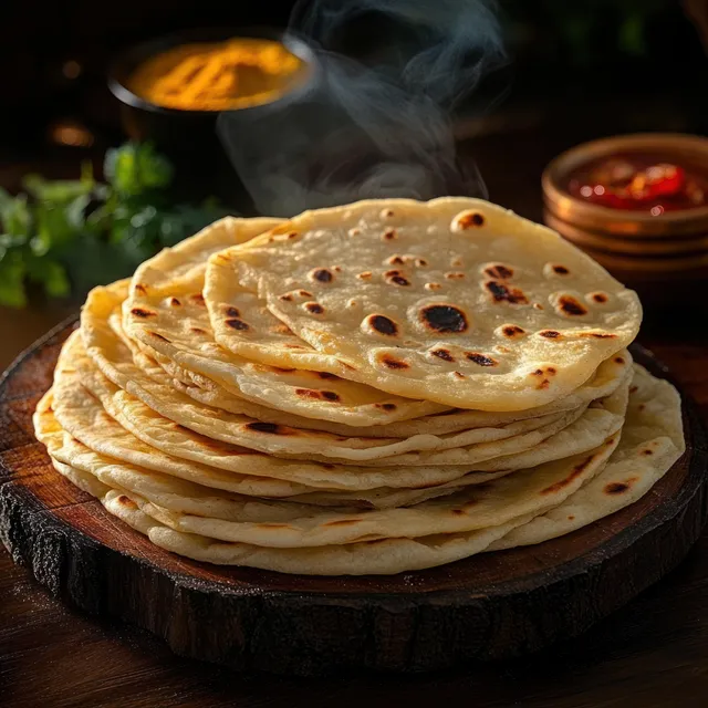 Steaming stack of round flatbreads on a rustic wooden platter with spices and chutney jars in the background.