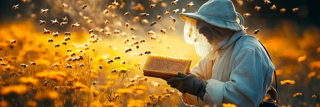Beekeeper holds honeycomb while bees swarm around, standing in orange flower field at golden hour