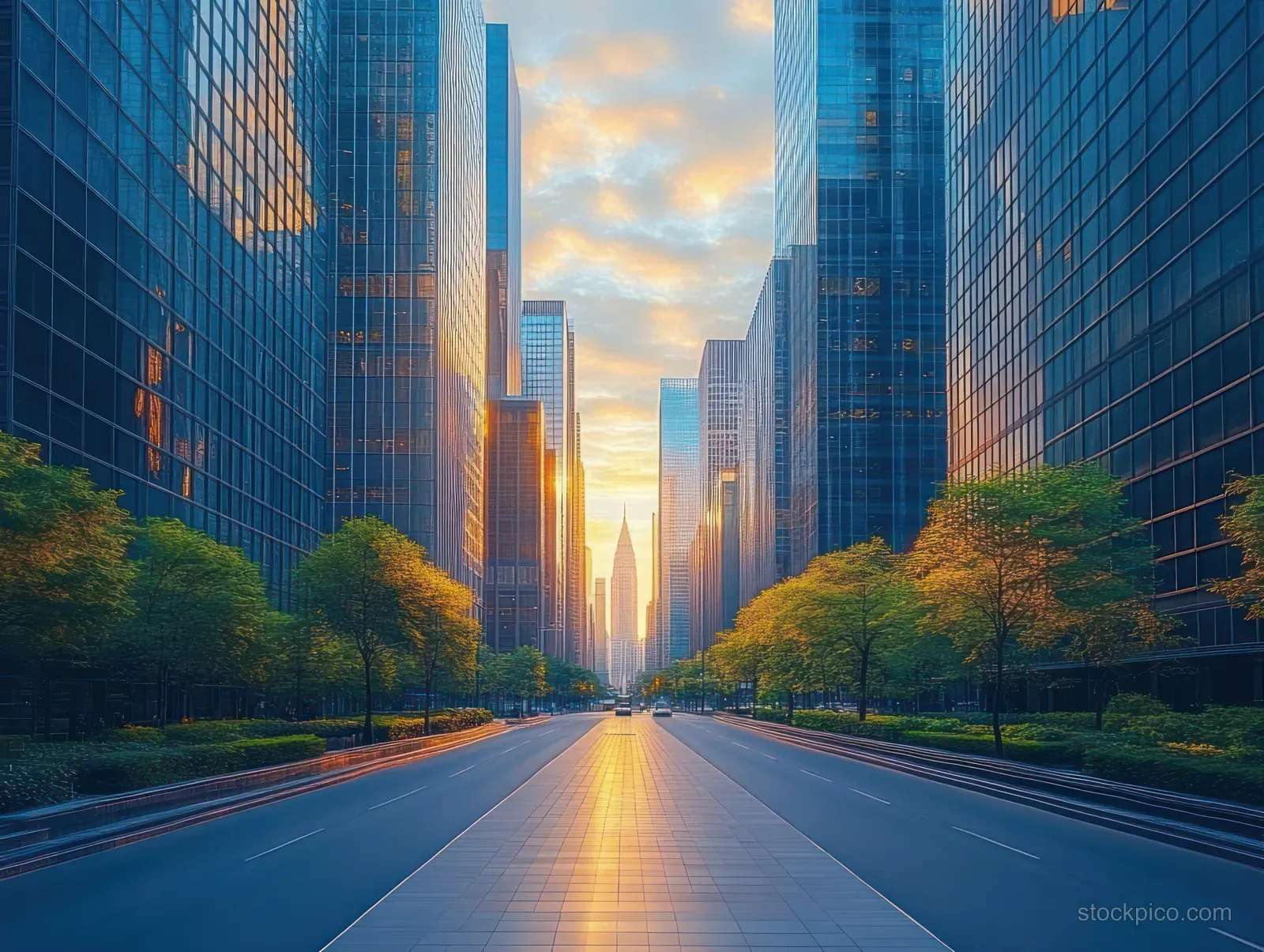 Sunset road stretches between tall glass skyscrapers with tree-lined sidewalks and glowing reflections on the asphalt.