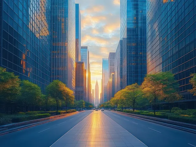 Sunset highway between tall glass skyscrapers, tree-lined sidewalks, glowing reflections on pavement