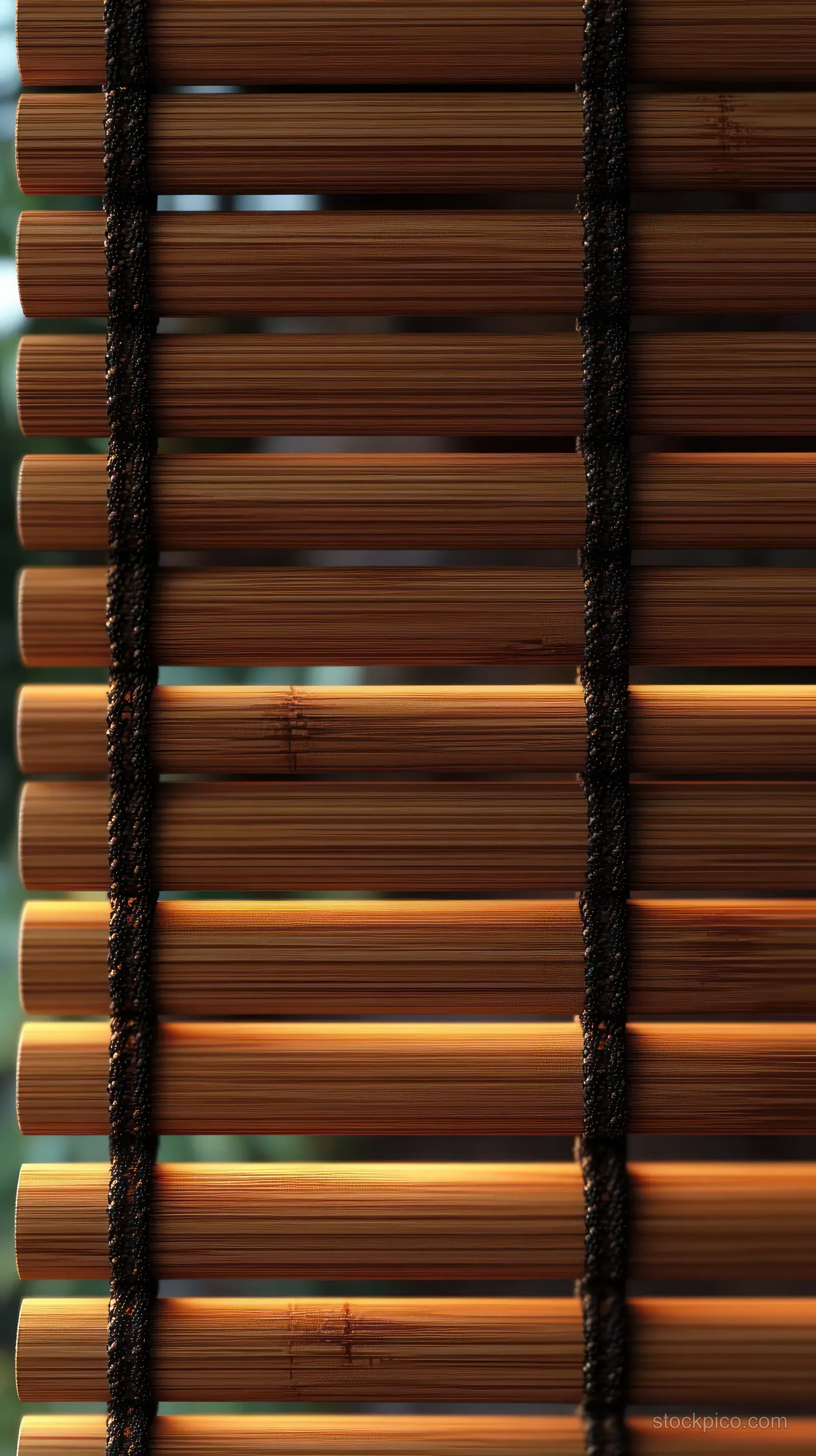 Bamboo blinds with horizontal wooden slats and black woven strings as warm sunlight filters through and casts striped shadows.