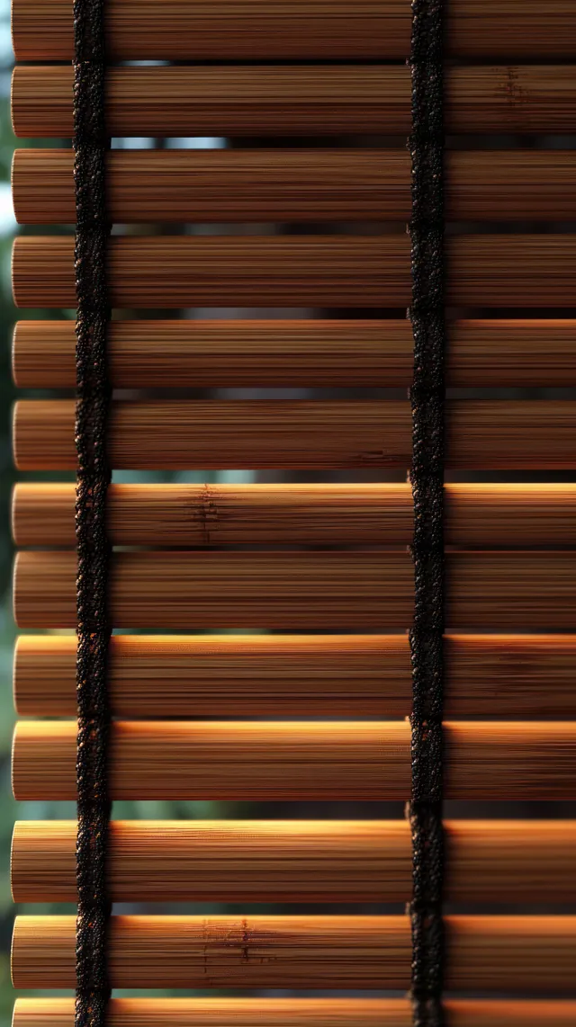 Bamboo blinds with horizontal wooden slats and black woven strings as warm sunlight filters through and casts striped shadows.