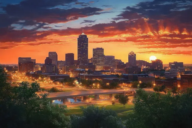 Omaha downtown skyline at sunset with glowing towers above a river and highway lights.