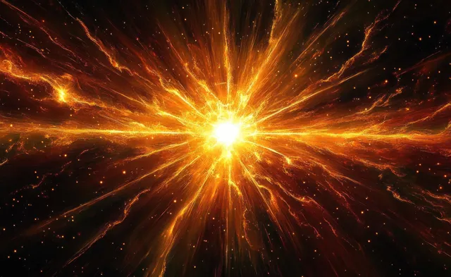 Golden supernova explosion with radiating light beams and glowing particles across a dark starfield.