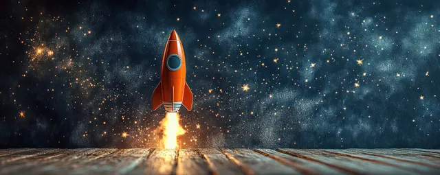 An orange rocket launches from a wooden platform into a starry night sky with bright cosmic clouds.