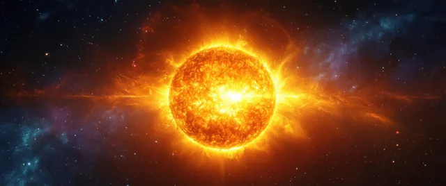 A glowing sun with fiery energy radiating outward above a starry night sky.