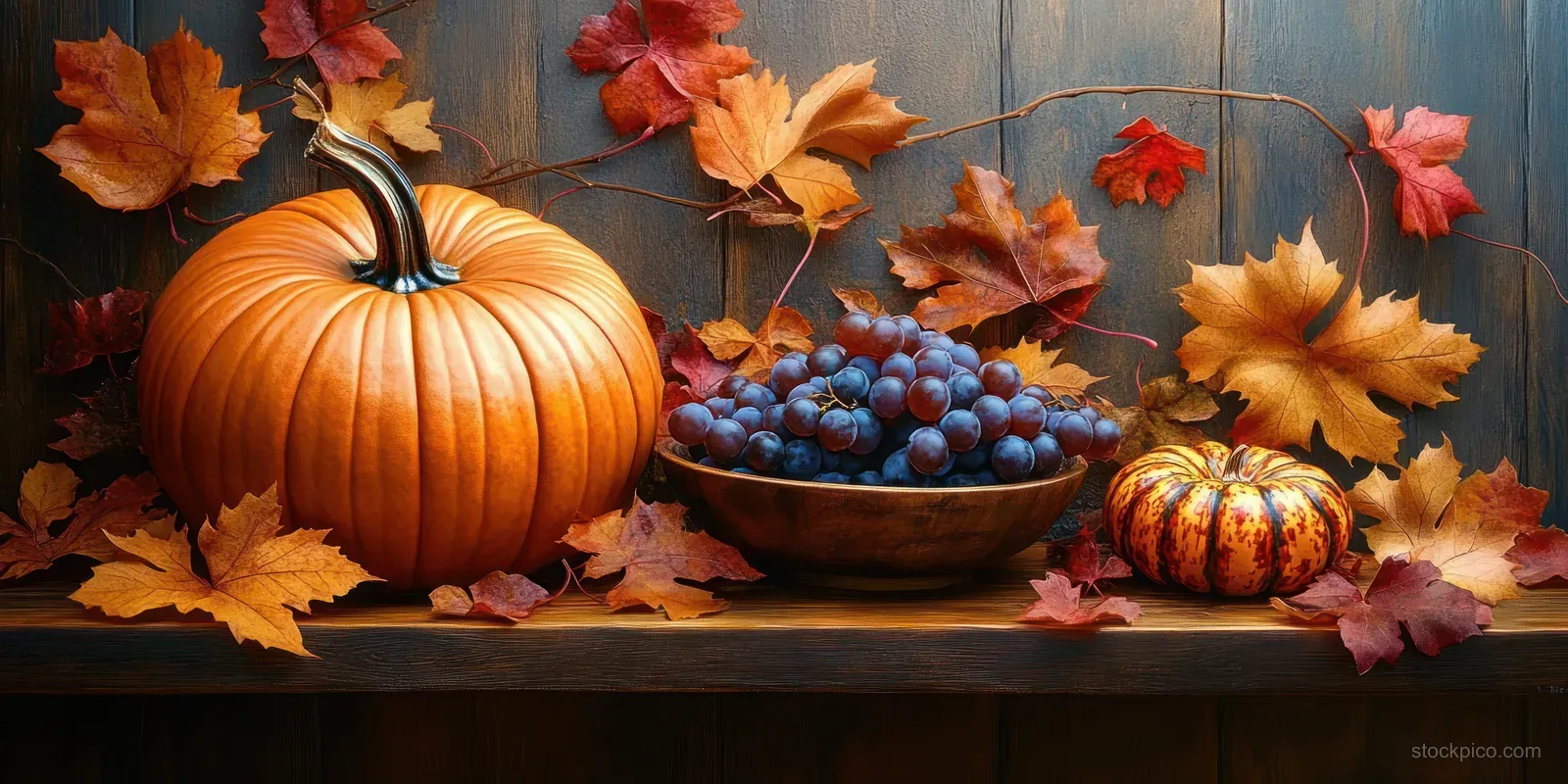 A pumpkin and a bowl of grapes sit on a rustic wooden table with orange and red autumn leaves around them.