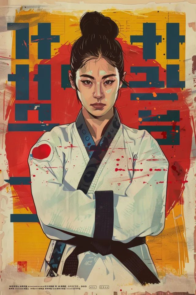 South Korean female judoka in white judo gi holds a throw-ready stance against a bold geometric symbol backdrop.
