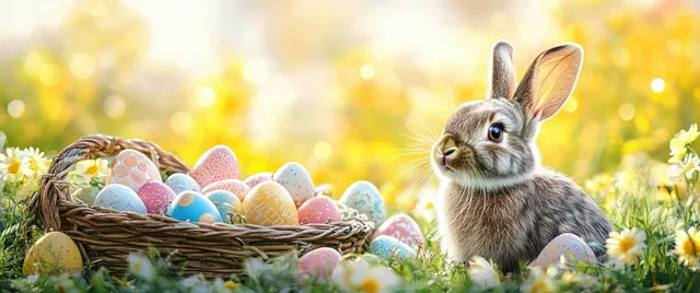 A cute rabbit sits next to a basket of colorful Easter eggs in a sunny meadow filled with flowers and soft bokeh.