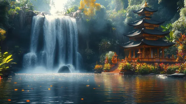 A waterfall cascades into a calm lake beside a multi-tiered temple surrounded by lush tropical plants.