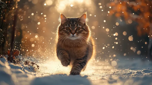 Fluffy tabby cat running along a snowy path with falling snowflakes and glowing winter trees.
