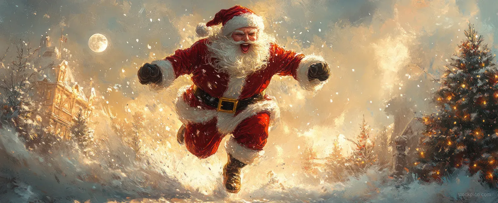 Santa Claus runs through snowy night streets while flurries swirl around him and a large gift sack trails behind.