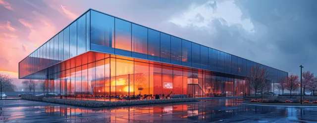 A glass logistics and R&D building glows at blue hour with reflections in a nearby water pool.