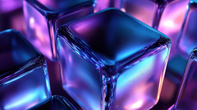 Transparent glowing cubes with iridescent reflections floating in a dreamy blue-purple haze