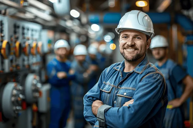 Industrial technician in a white helmet and blue uniform stands with arms crossed in a factory aisle.