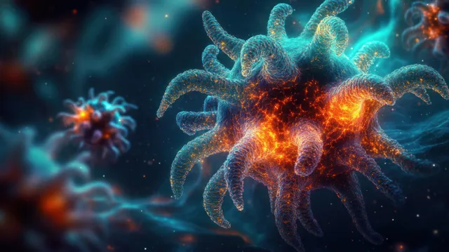 Fluorescent tentacled virus-like particle glows in a dark background with blurred microbes.