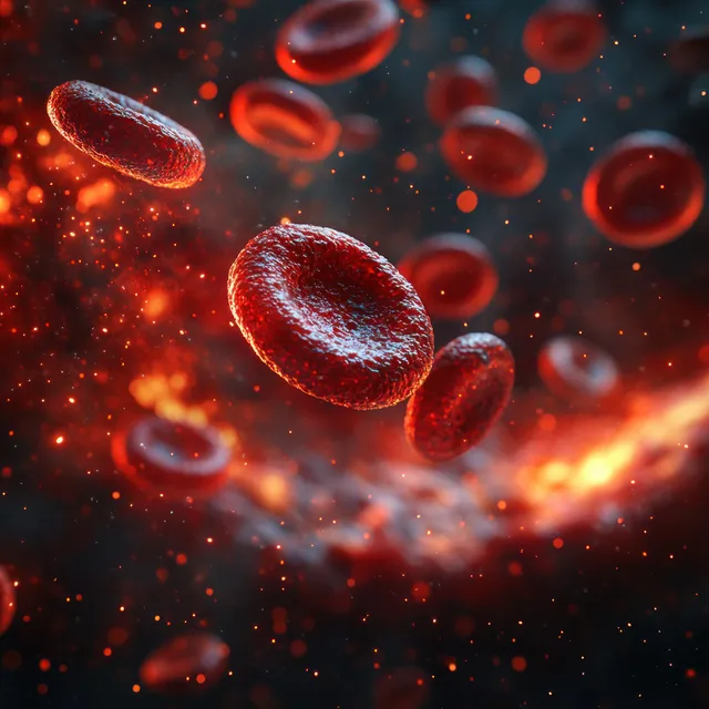 Red blood cells and a few white blood cells flow through a glowing vessel filled with floating particles.