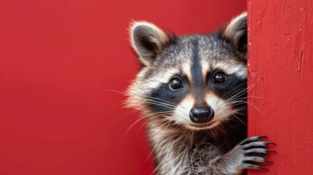 A raccoon peeks around a red wall with wide eyes and a raised paw against a solid red background.