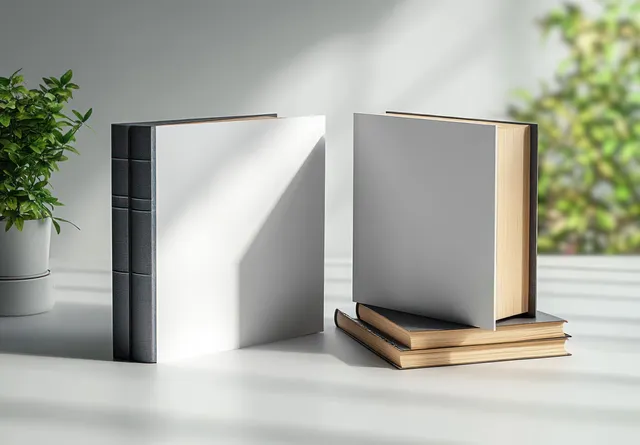 Open blank book mockup with soft shadows on desk beside stacked hardcover volumes