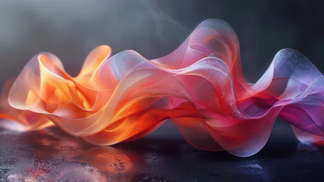 Iridescent ribbon-like 3D smoke wave with glowing reflections on dark background