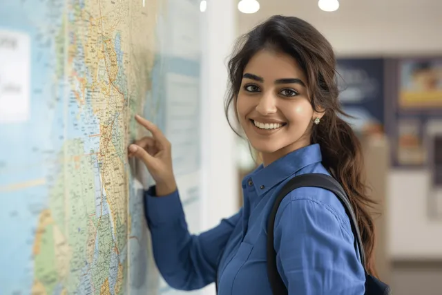 Smiling young woman points at a wall world map while planning travel in an office.