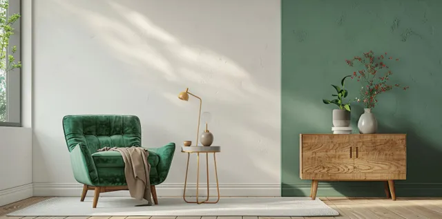 Minimalist Scandinavian living room with green armchair, wooden cabinet, and soft window light