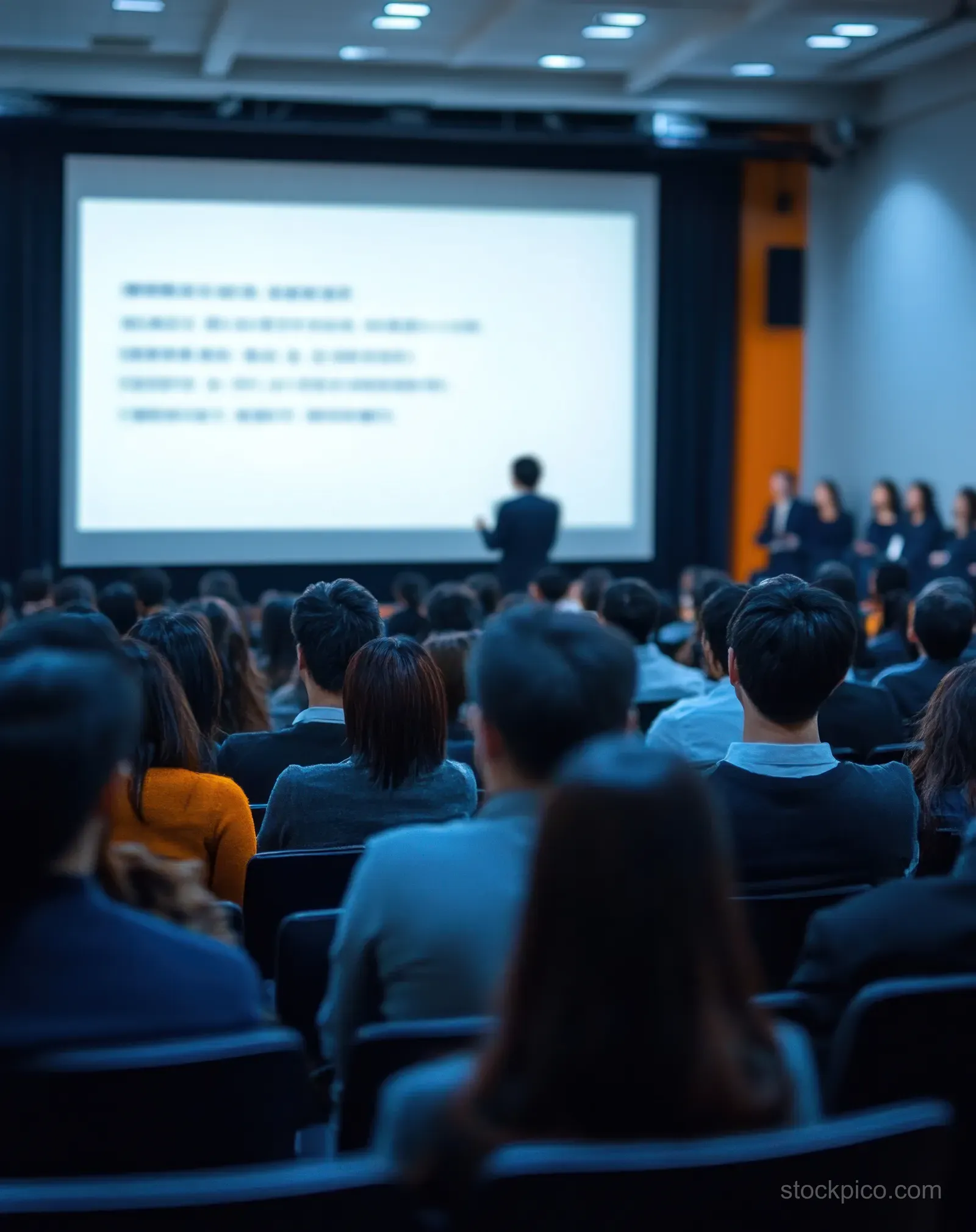 An executive speaks at a lectern with a screen behind, while the audience sits in blurred foreground.
