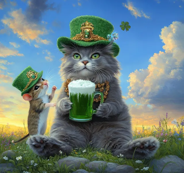 A fluffy gray cat holds a foamy green drink while a small mouse sits beside it in a sunset flower field with a floating four-leaf clover.