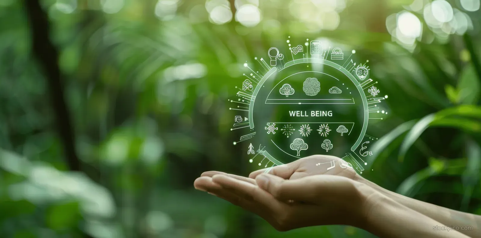Hands hold a glowing wellbeing badge with small health icons against a lush green background.