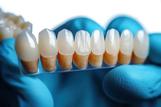 Gloved hand holds a dental shade guide next to artificial tooth samples with varying colors and translucency.