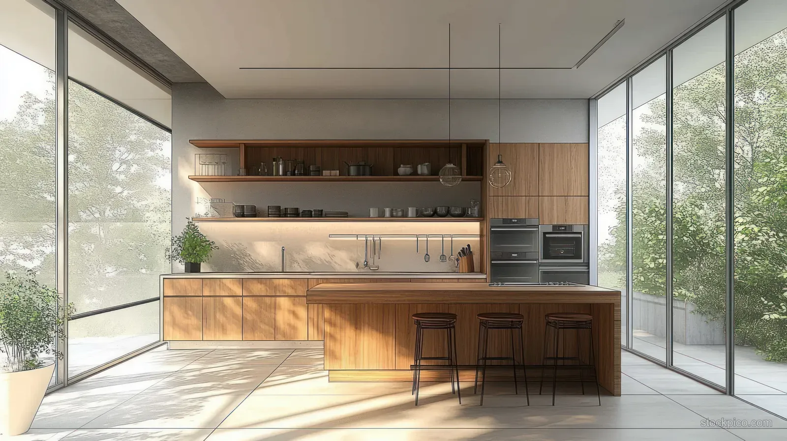 Minimalist kitchen interior with a wooden island, sleek cabinets, integrated appliances, and large windows.