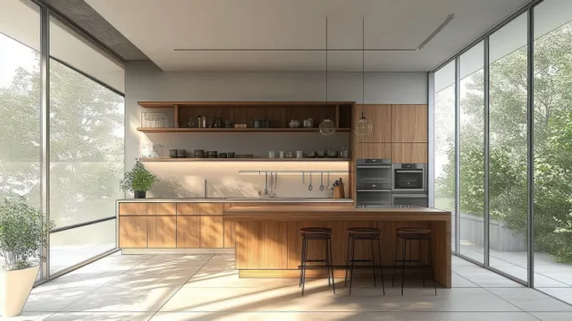 Minimalist kitchen interior with a wooden island, sleek cabinets, integrated appliances, and large windows.
