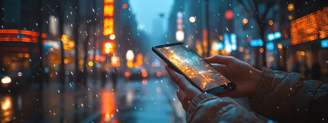 Male hands typing on a smartphone outdoors at dusk with warm city street lights
