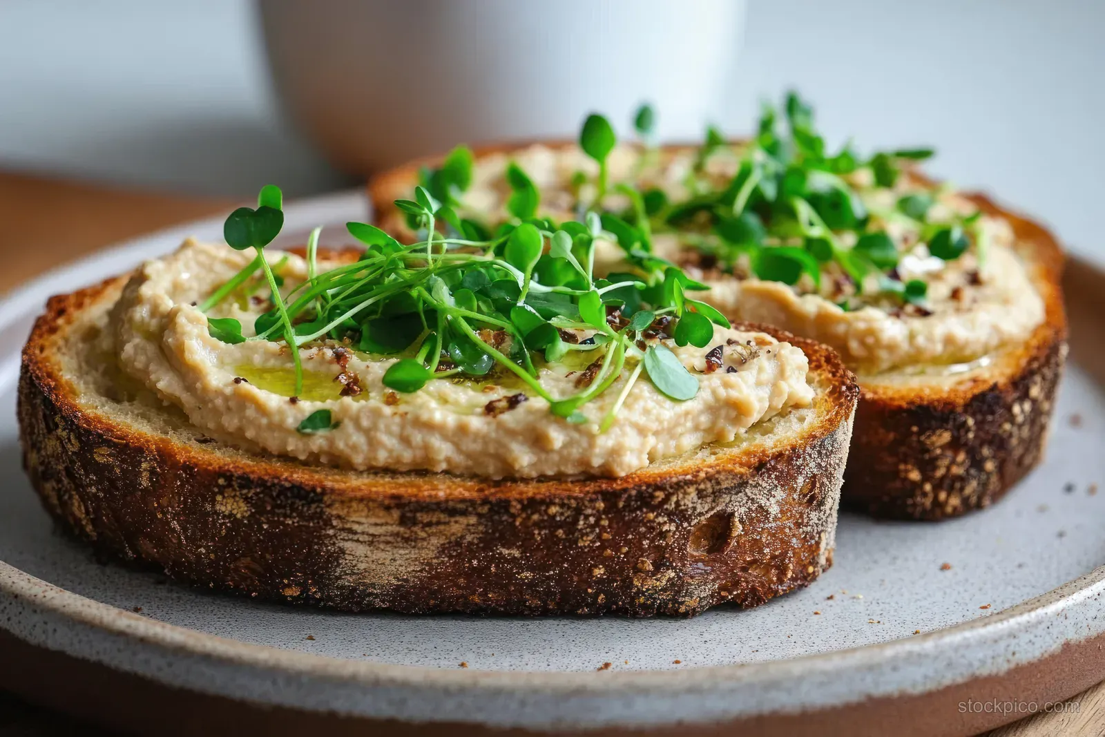 Two toasted rustic bread slices with creamy spread and green microgreens on a ceramic plate.