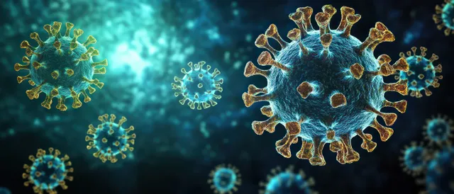 Coronavirus particles floating in dark blue biohazard space, glowing with soft depth