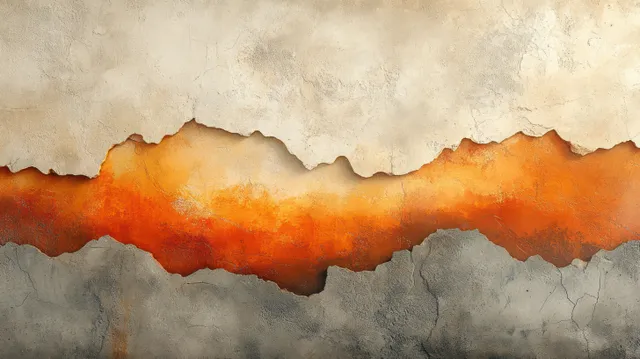 Warm orange paint streaks across a torn, weathered white and gray textured background with smoky edges.
