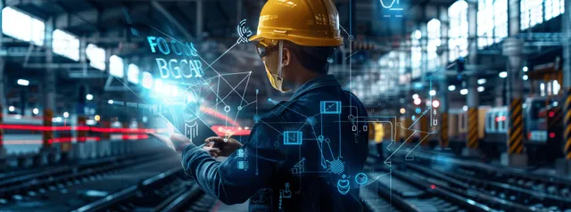 Railway engineer in yellow helmet analyzing security data on tablet in station control zone