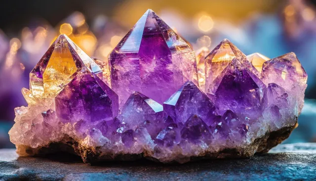 Amethyst crystals in a purple geode cluster with sparkling violet facets against a blurred bokeh background.