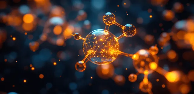 An abstract dopamine molecule model shines with warm golden light amid soft glowing bokeh particles.