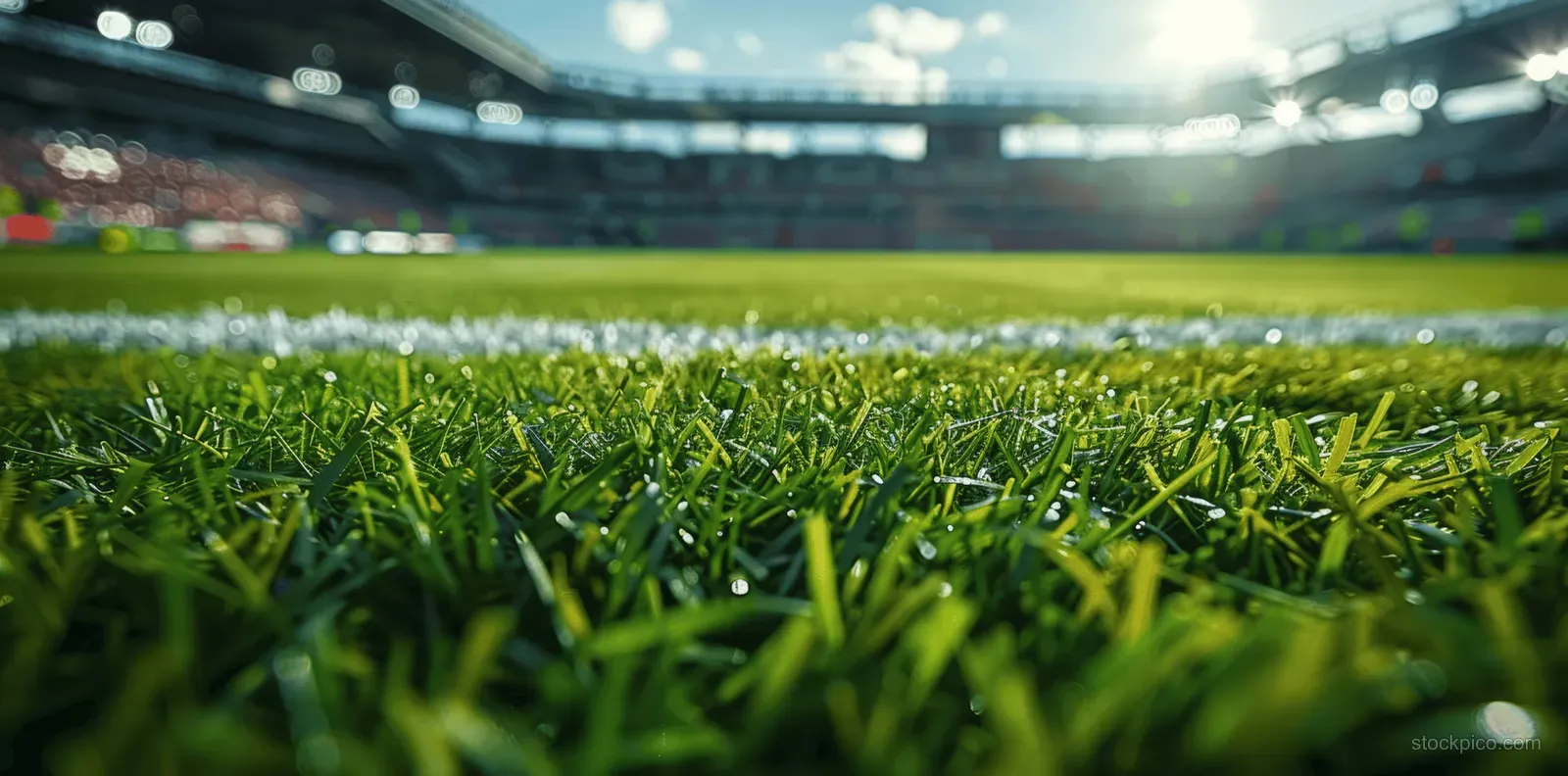 Green soccer field grass close-up with blurred crowd and players under bright stadium lights.