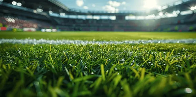 Close-up green soccer grass with blurred stadium crowd and players in the distance
