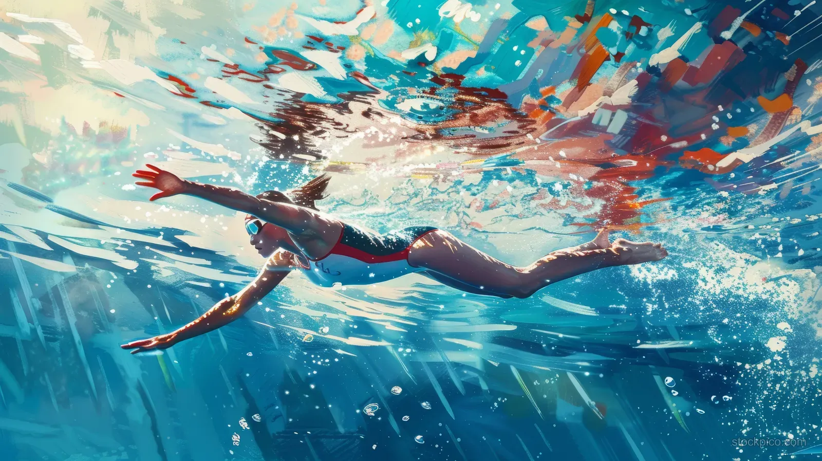 A female swimmer dives underwater, kicking hard as bubbles and water splash surround her in a swimming pool.