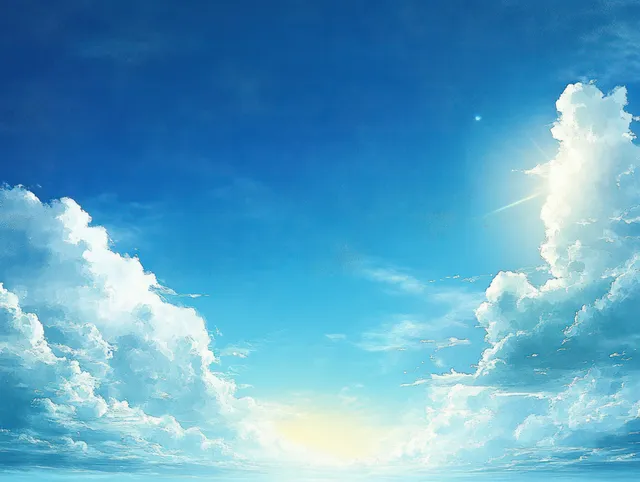 Watercolor clouds drift across a bright blue sky above a calm ocean horizon with soft sunlit glow.