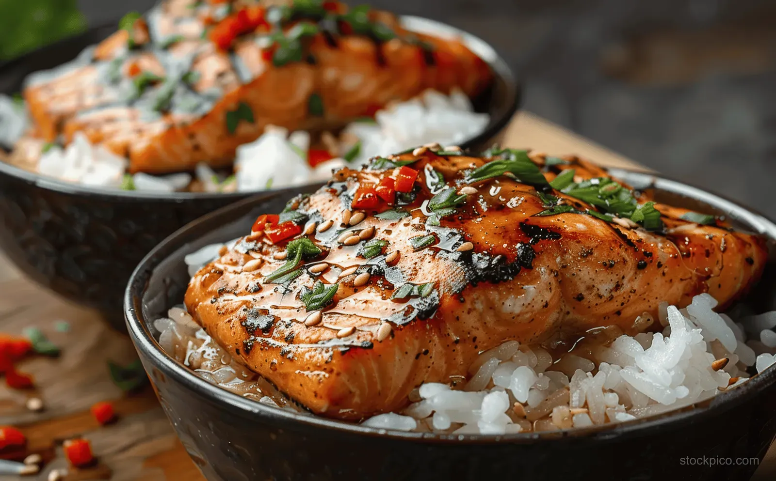 Grilled salmon sits on white rice in a dark bowl with vegetables and sesame, on a moody table background.