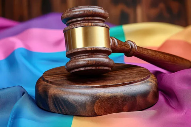 Wooden judge gavel on sound block beside pride flag, rainbow fabric backdrop