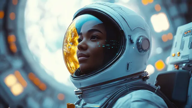 African American woman astronaut in a blue helmet inside a futuristic spacecraft with a glowing window view behind her.